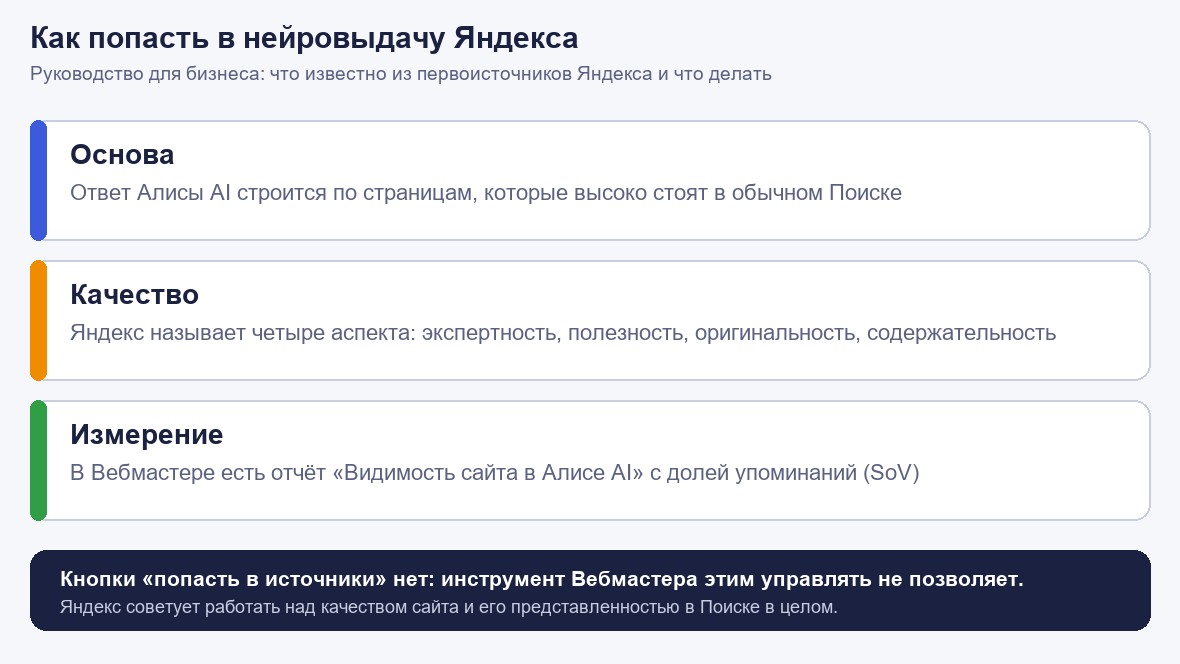 Три ключевых вывода руководства: ответ Алисы AI строится по страницам, которые высоко стоят в обычном Поиске; Яндекс называет четыре аспекта качества; в Вебмастере есть отчёт о доле упоминаний сайта. Кнопки для попадания в источники нет.