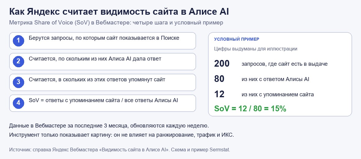Схема расчёта Share of Voice: четыре шага и условный пример. Из 200 запросов с показами сайта на 80 Алиса AI дала ответ, на 12 из них упомянут сайт, доля составляет 15 процентов.